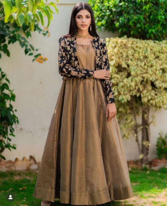 2 Pc Embroidered Round Neck Silk Maxi & Jacket - Umer Dawood