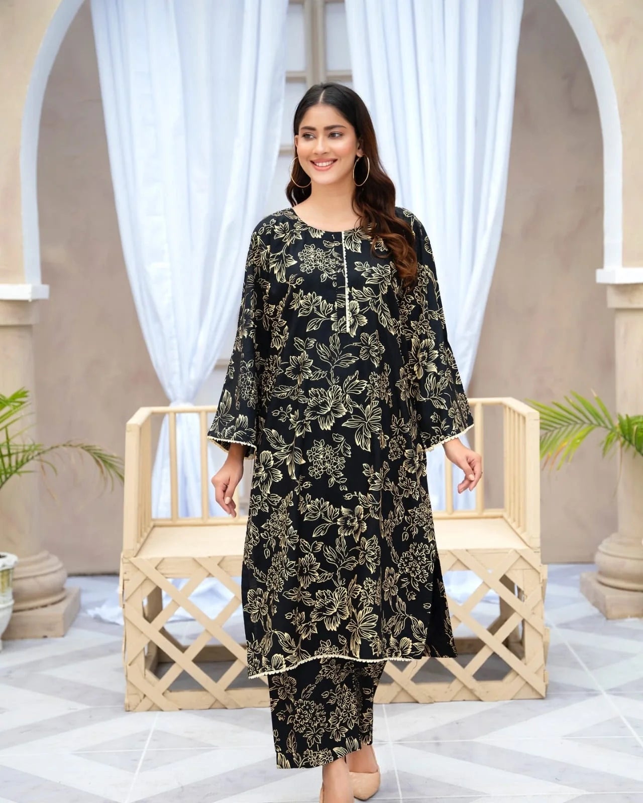 Black Flower Printed Suit Pcs Stitched Suit Stone Winter Linen Suit Winter Collection - Umer Dawood