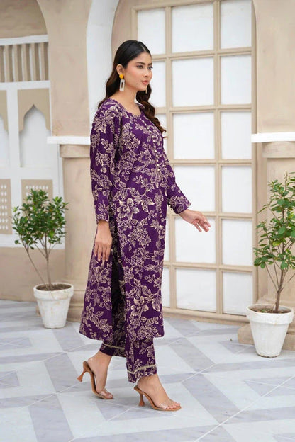 Flower Printed Suit Pcs Stitched Suit Stone Winter Linen Suit Winter Collection (purple) - Umer Dawood