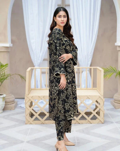 Black Flower Printed Suit Pcs Stitched Suit Stone Winter Linen Suit Winter Collection - Umer Dawood