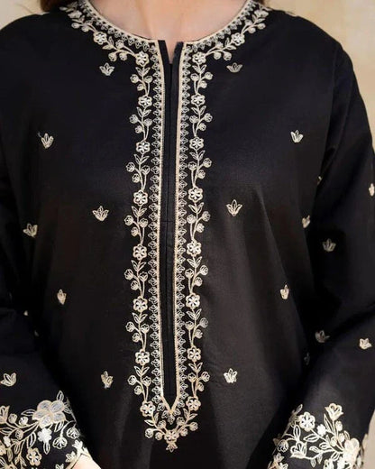 Riwaj Tan 2pc Stitched Suit Embroidered Shirt Premium Lilen (black) - Umer Dawood