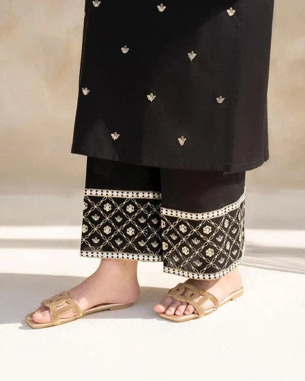 Riwaj Tan 2pc Stitched Suit Embroidered Shirt Premium Lilen (black) - Umer Dawood