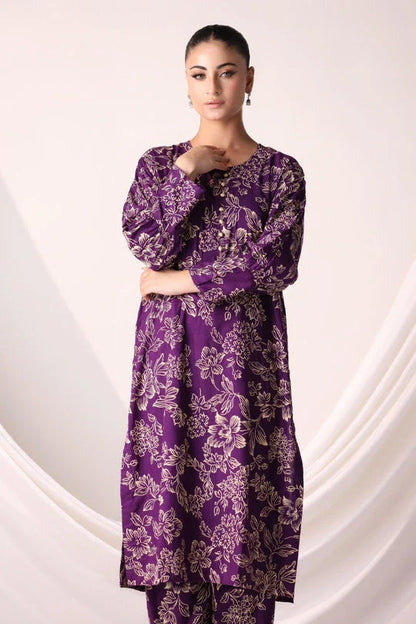 Flower Printed Suit Pcs Stitched Suit Stone Winter Linen Suit Winter Collection (purple) - Umer Dawood