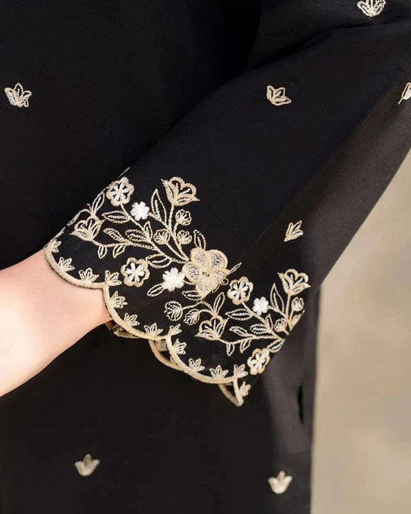 Riwaj Tan 2pc Stitched Suit Embroidered Shirt Premium Lilen (black) - Umer Dawood