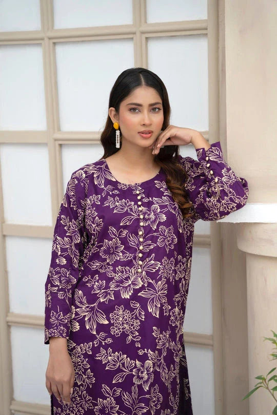 Flower Printed Suit Pcs Stitched Suit Stone Winter Linen Suit Winter Collection (purple) - Umer Dawood