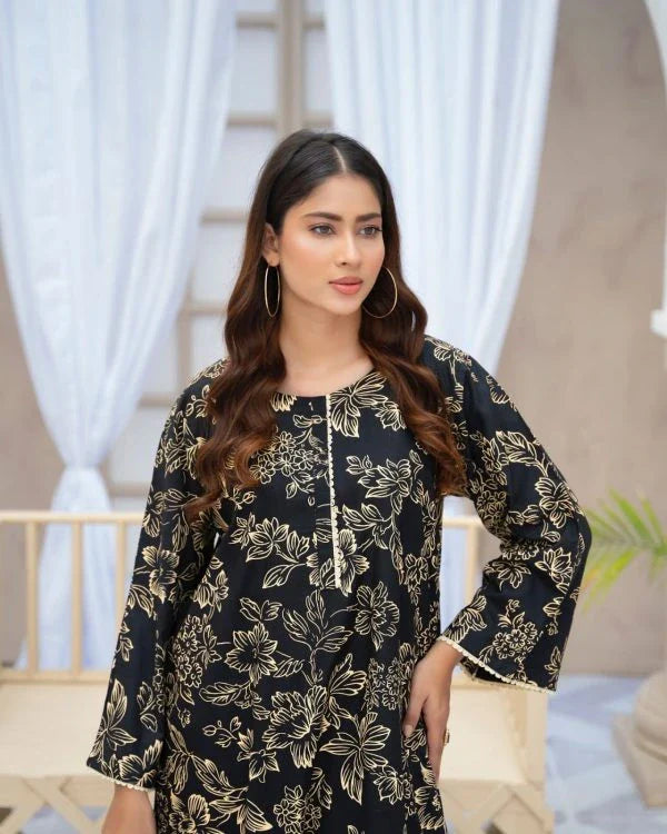 Black Flower Printed Suit Pcs Stitched Suit Stone Winter Linen Suit Winter Collection - Umer Dawood