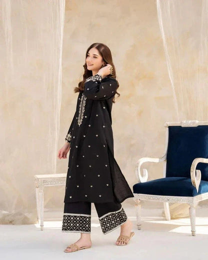 Riwaj Tan 2pc Stitched Suit Embroidered Shirt Premium Lilen (black) - Umer Dawood