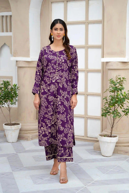 Flower Printed Suit Pcs Stitched Suit Stone Winter Linen Suit Winter Collection (purple) - Umer Dawood