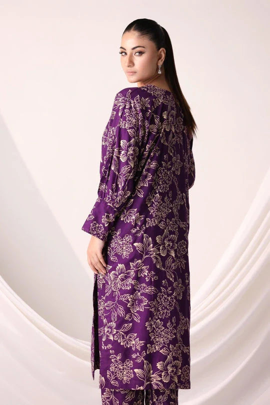 Flower Printed Suit Pcs Stitched Suit Stone Winter Linen Suit Winter Collection (purple) - Umer Dawood