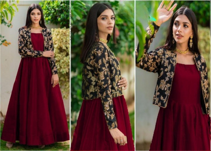 2 Pc Embroidered Round Neck Silk Maxi & Jacket - Umer Dawood