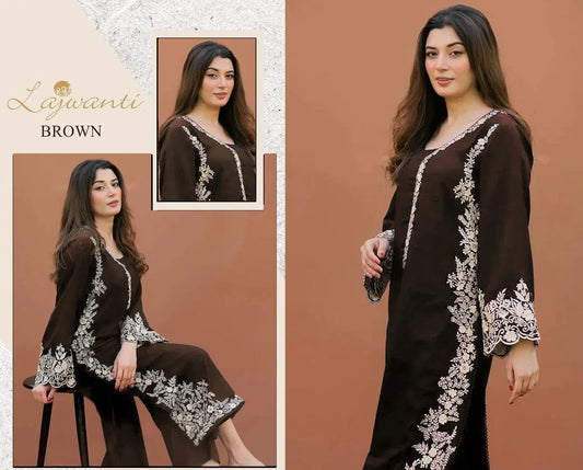 LAJWANTI - 2PC DHANAK EMBROIDERED SUIT BROWN BY UMER DAWOOD - Umer Dawood