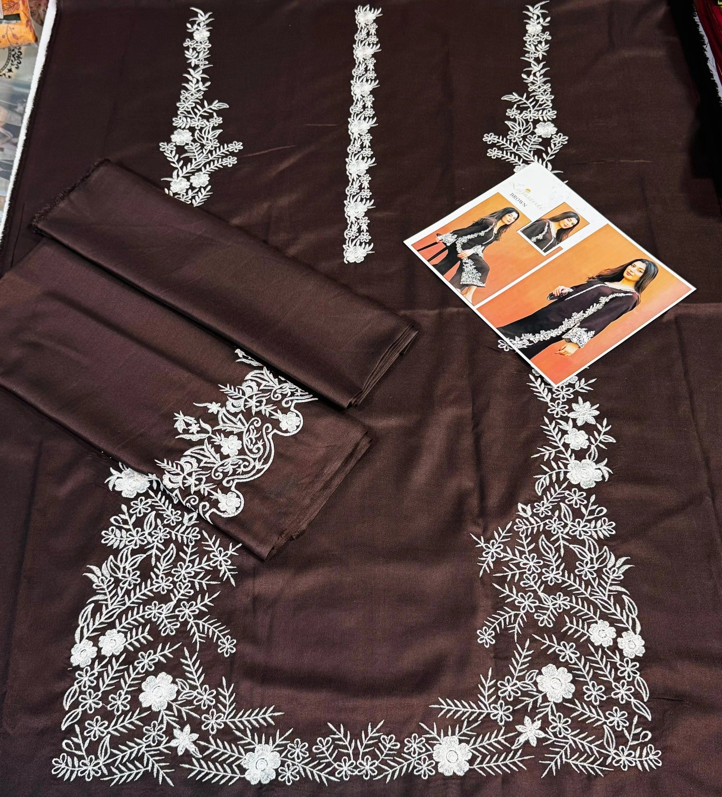 LAJWANTI - 2PC DHANAK EMBROIDERED SUIT BROWN BY UMER DAWOOD - Umer Dawood