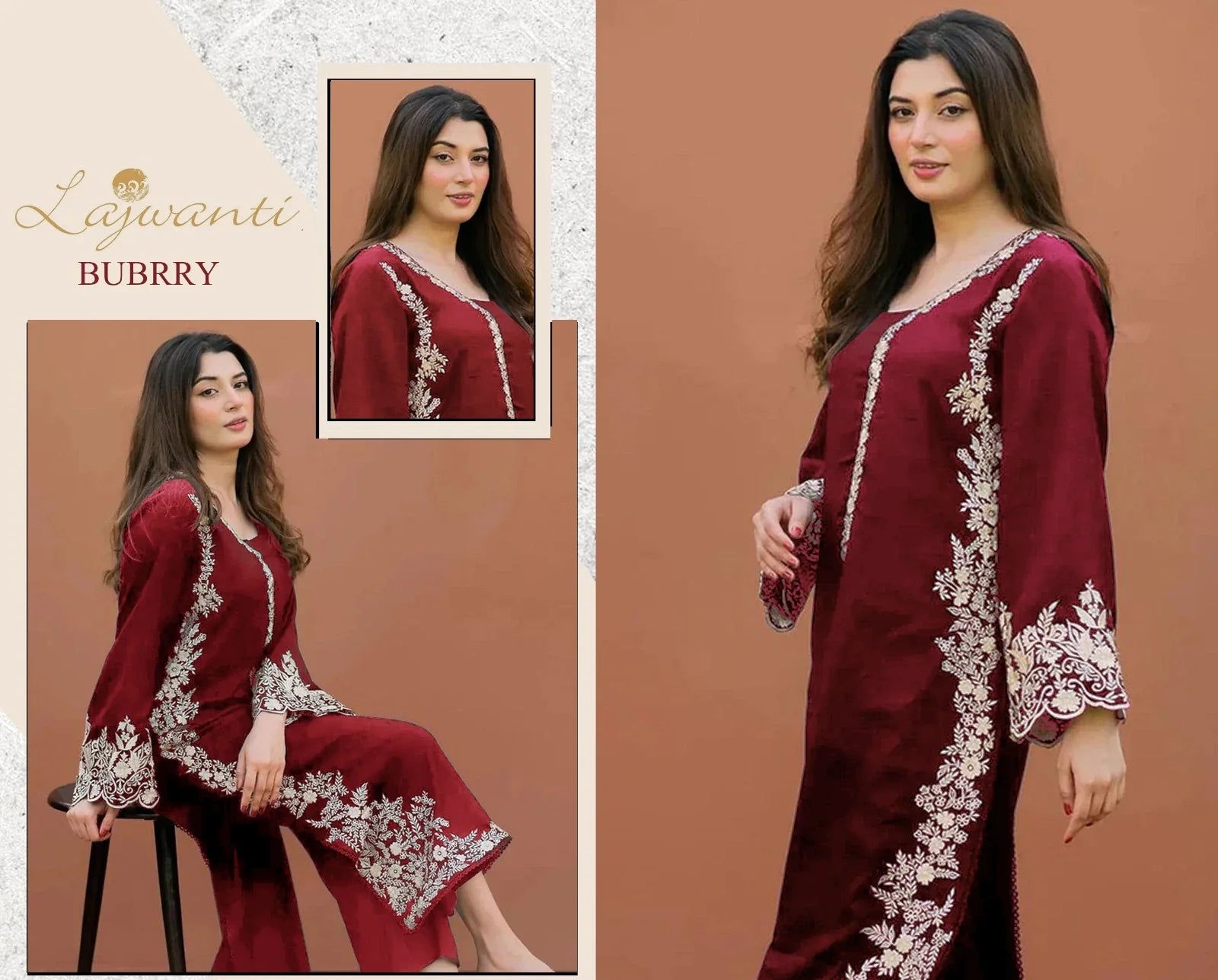 LAJWANTI - 2PC DHANAK EMBROIDERED SUIT BUBRRY BY UMER DAWOOD - Umer Dawood