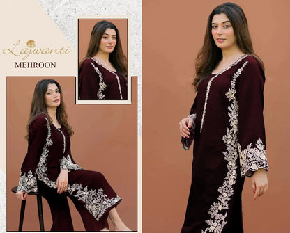 LAJWANTI - 2PC DHANAK EMBROIDERED SUIT MEHROON BY UMER DAWOOD - Umer Dawood