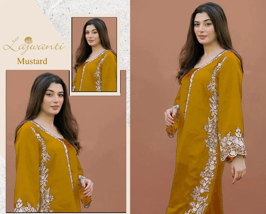 LAJWANTI - 2PC DHANAK EMBROIDERED SUIT MUSTARD BY UMER DAWOOD - Umer Dawood