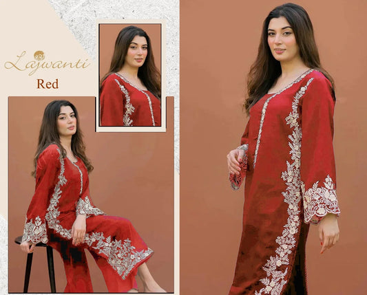 LAJWANTI - 2PC DHANAK EMBROIDERED SUIT RED BY UMER DAWOOD - Umer Dawood