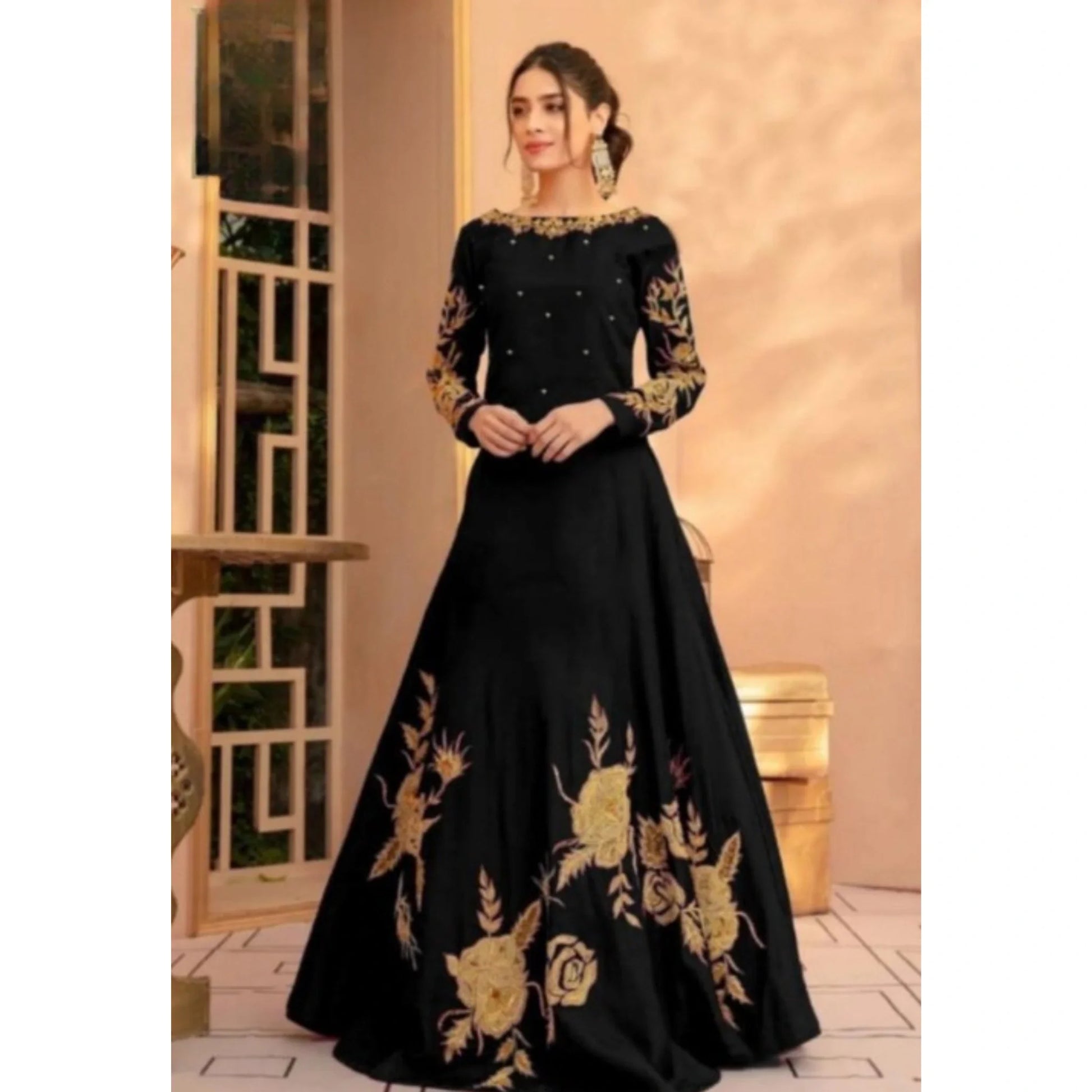 1 Pc Embroidered Round Neck Silk Maxi - Umer Dawood