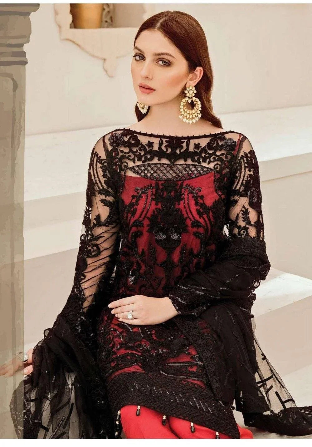 Formal Heavy Embroidered Black Net Party Wear Dress with Inner - Umer Dawood