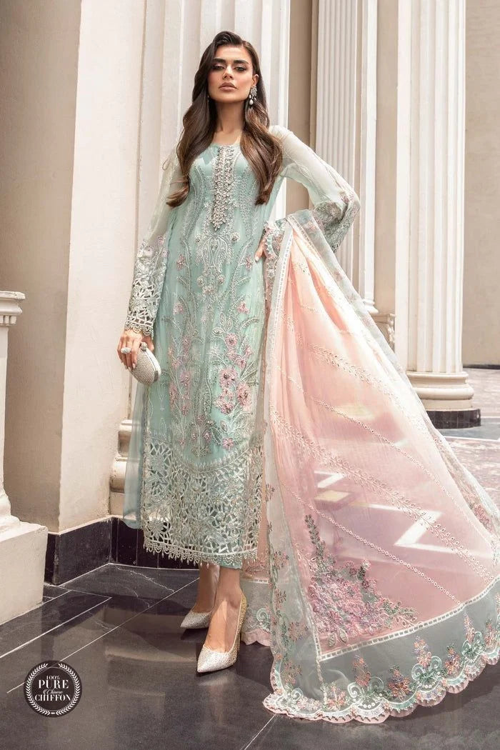 Maria B Green Pink Hand Work Formal Collection Chiffon Dress - Umer Dawood