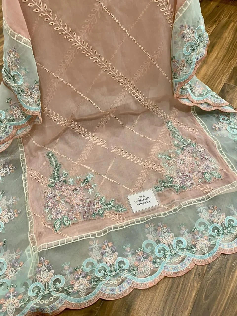 Maria B Green Pink Hand Work Formal Collection Chiffon Dress - Umer Dawood