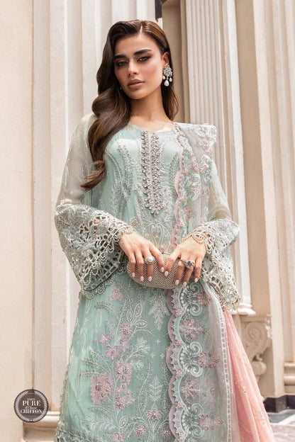 Maria B Green Pink Hand Work Formal Collection Chiffon Dress - Umer Dawood