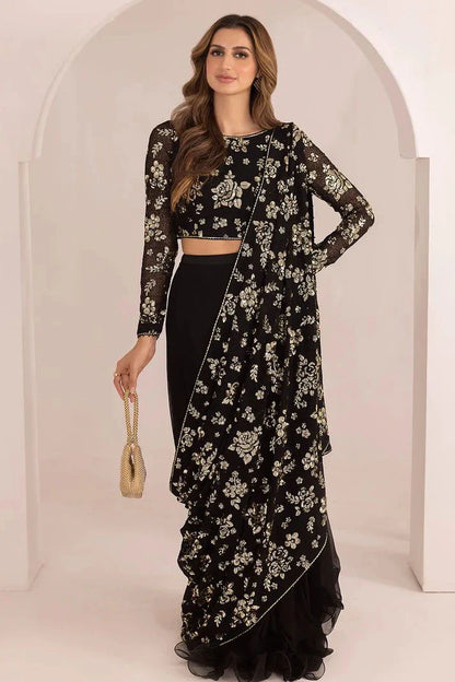 JAZMIN LUXURY BLACK CHIFFON SAREE - 3 PC UNSTITCHED BY UMER DAWOOD - Umer Dawood