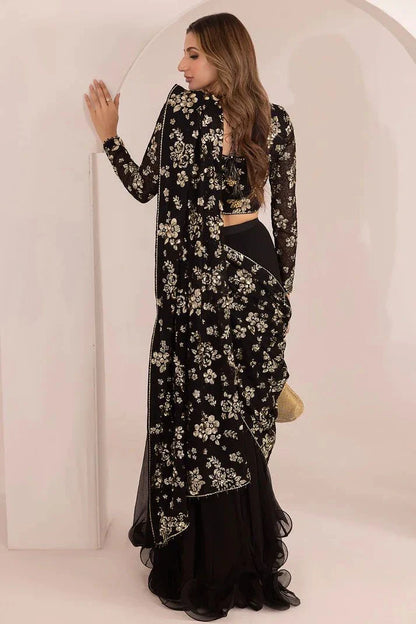 JAZMIN LUXURY BLACK CHIFFON SAREE - 3 PC UNSTITCHED BY UMER DAWOOD - Umer Dawood